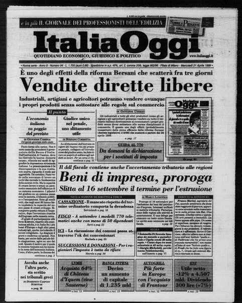 Italia oggi : quotidiano di economia finanza e politica